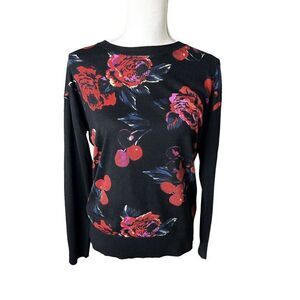 DKNY Silk & Cashmere Roses And Cherries Lightweight Long Sleeve Sweater Sz S